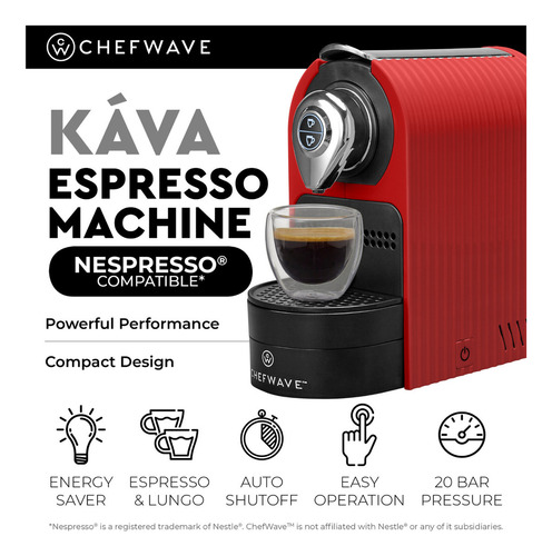 Máquina de café espresso Chefwave para usar con cápsulas Nespresso (rojas), soporte y tazas