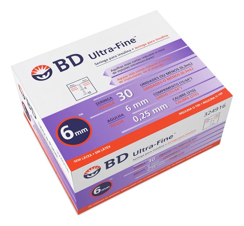 Jeringa De Insulina Bd Ultra-fine 30 Ui 6mm (200 Unidades) Capacidad En Volumen 0.3 Ml