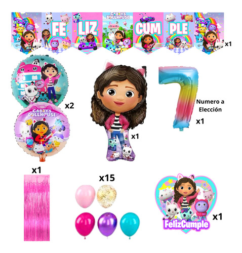 Pack Globos Gabby Casa De Muñecas Banderin Cortina Toppers Multicolor Número 8