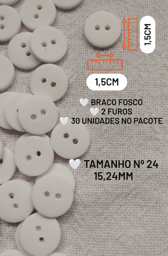Botão Branco Uniforme Jaleco Ano Novo 15mm Tamanho Médio 30u Branco Redondo Com 2 Furos