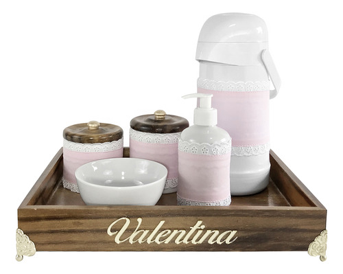 Kit Higiene Provençal Dourado Com Nome Rosa Quarto Bebê