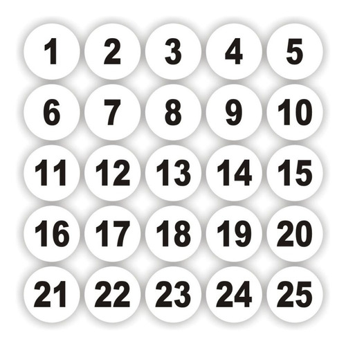 Kit 5 Cartelas Adesivos Numerados 1 A 25 Redondo Branco 3cm