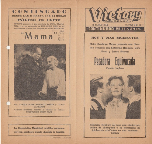 1948 Programa Cine Victory Katharine Hepburn Philadelphia St