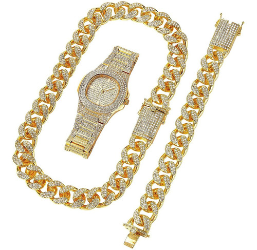 Juego De Reloj De Diamantes+collar De Pulsera Brillante Hip