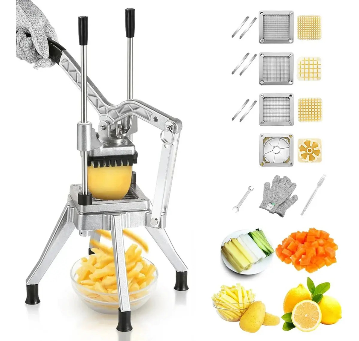 Picadora Comercial Frutas Verduras 4 Cuchillas Intercambiables, Cortadora Comercial Verdura Picador Papas Acero Inoxidable XSELCOUTH