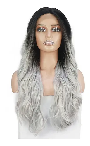 Natural Rizada Peluca Larga De Gris Negro Degradado 26'' | Cuotas sin