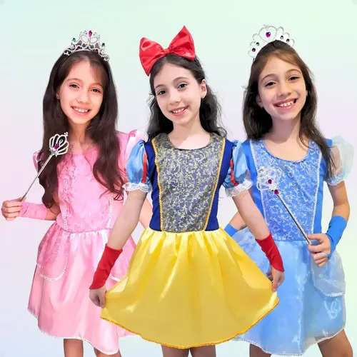 Vestido infantil de princesa com coroa e varinha