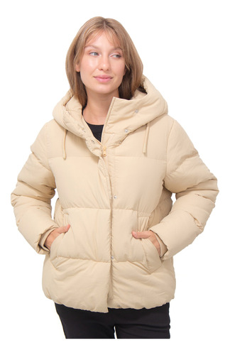 Campera Mujer Importada Puffer Cruzada Capucha Bien Abrigada