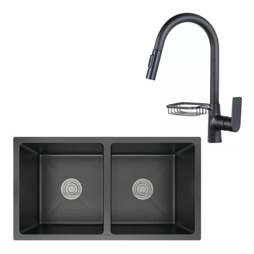 Pileta Doble En Acero Inox Negro + Griferia Con Jaboner Acra