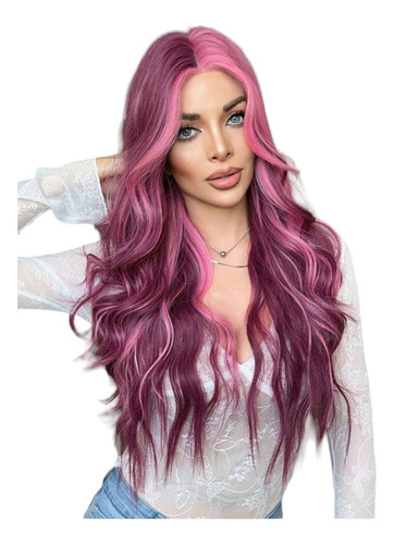 Peluca Rosa Fuscia Y Magenta Lacefront Larga Ondulada Tamaño De La Base Unitalla