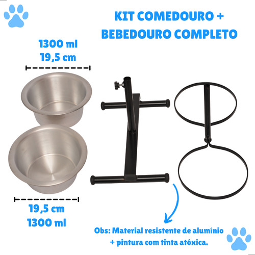 Comedouro Duplo Elevado Médio Alto Regulável Preto Para Cães