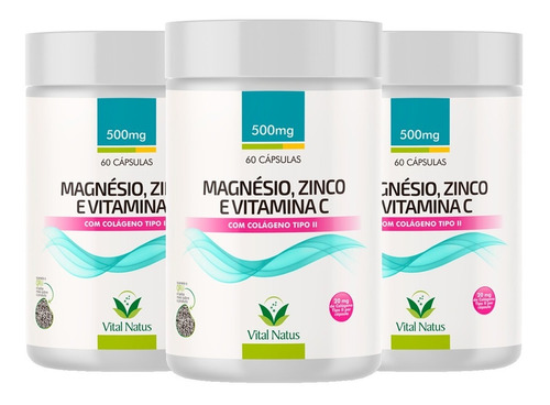 Kit 3 Magnésio + Zinco + Vitamina C + Colágeno Tipo2 3x60cps