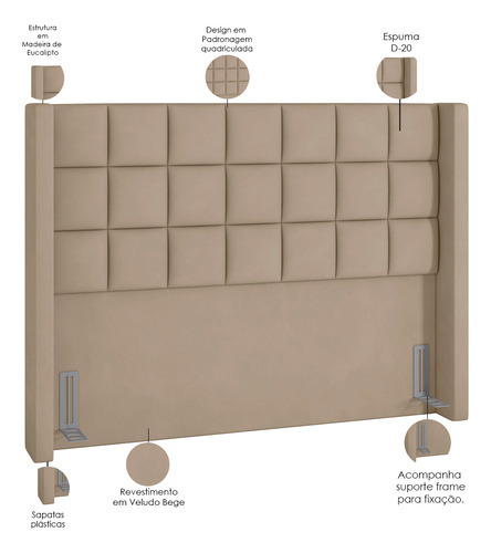 Cabeceira Cama Box Casal Quarto 140cm Paris Veludo Bege