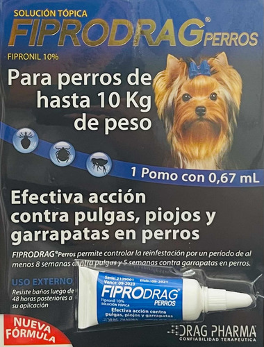 Pipeta Fiprodrag Antipulgas Piojos Y Garrapatas Hasta 10kg