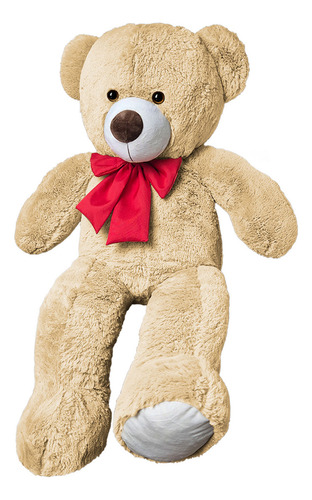 Urso De Pelúcia Gigante Com Laço Antialérgico 1 Metro Cor Doce De Leite Com Vermelho