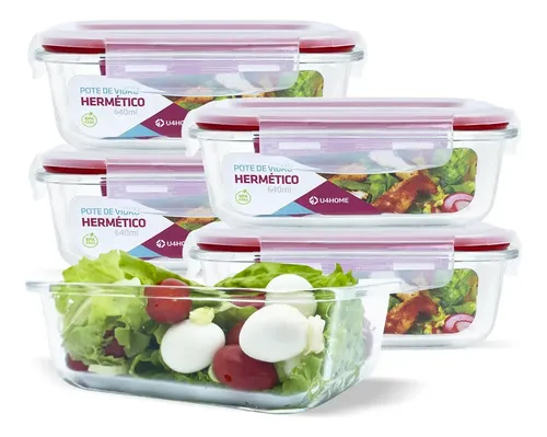Conjunto 5 Potes Vidro Hermético Marmita Mantimentos 640ml
