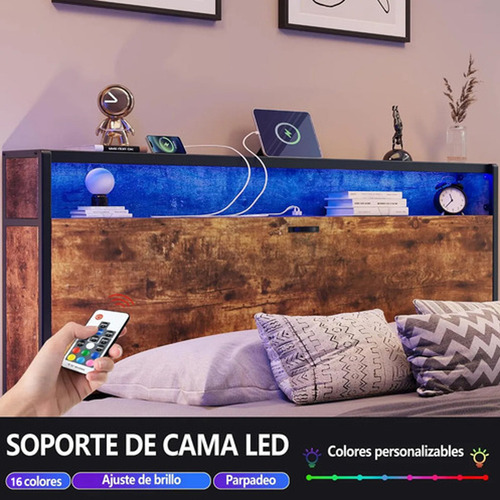 Base Cama Matrimonial Con Cajones Led Y Usb Full Base Marrón