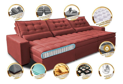 Sofá Retrátil e Reclinável 4,12m com Molas Ensacadas Cama Inbox Gold Tecido Suede Velusoft Vermelho