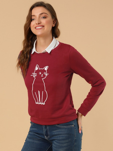 Sudadera Mujer Con Cuello Redondo Y Estampado De Gato