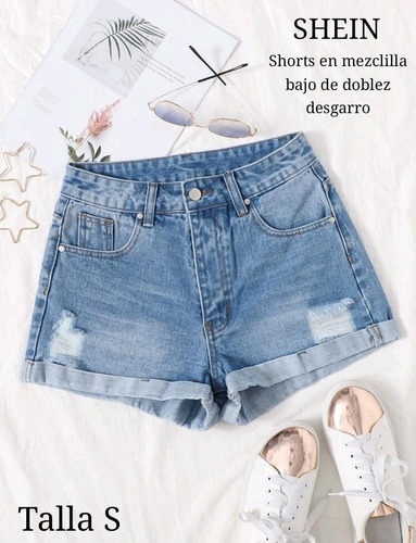 Shein Short Jeans Bajo De Doblez Con Desgarro, Talla S