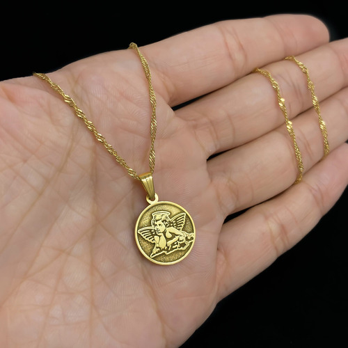 Cadena Y Dije Ángel De La Guarda Oro 18k Amarillo 50 Cm