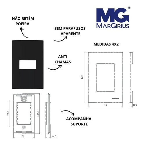 Conj 4x2 1 Tecla Simples Clean Ebony Preto Fosco Margirius