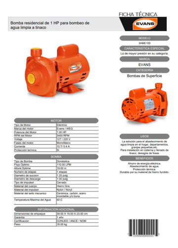 Bomba Centrífuga 1 Hp (3hme 100) Evans Naranja Monofásica