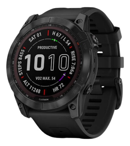 Smartwatch Garmin Zafiro Solar Fenix 7X 1.4" caja 51mm de polímero reforzado con fibra negra, malla negra de silicona y bisel black de titanio y dlc