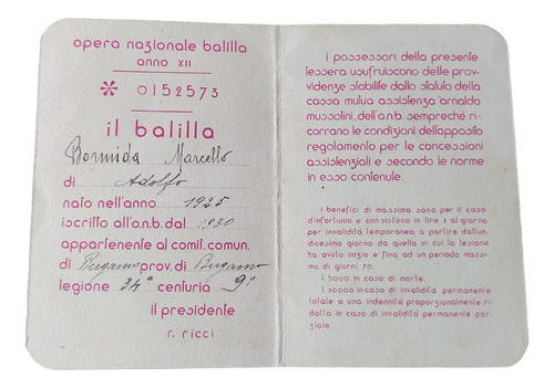 Italia 1934 Carnet Miembro De La Onb Opera Nazionale Balilla