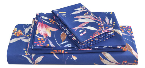 Jsd Juego De Sbanas Con Estampado Floral Azul Marino, Tamao