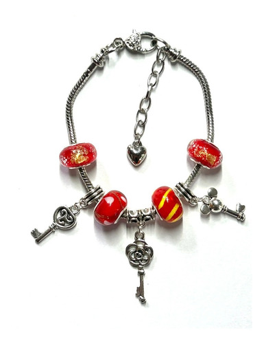 Pulsera Dijes Llaves Con Cuentas Murano Rojo Tipo Pandora