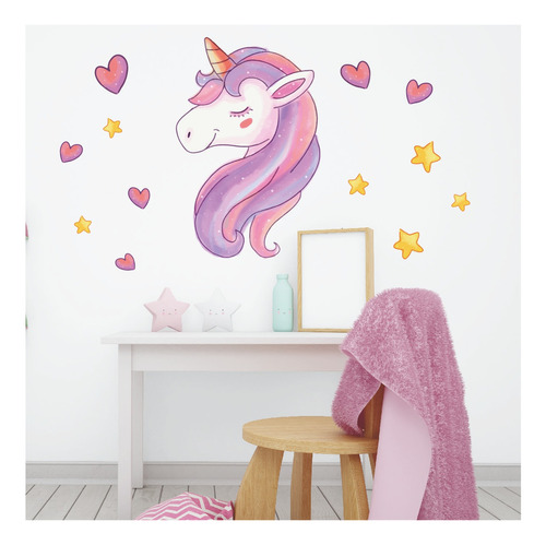 Vinilo Unicornio Lila Rosa Estrellas Para Nenas