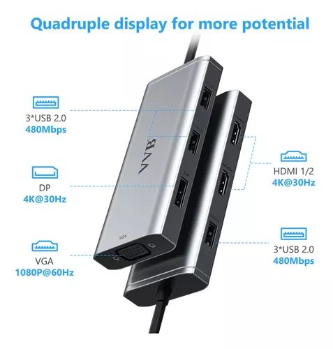 Adaptador USB C a HDMI dual, estación de acoplamiento USB C 7 en 1 a  adaptador VGA de puerto HDMI dual, USB C a 3USB 2.0, adaptador de monitor