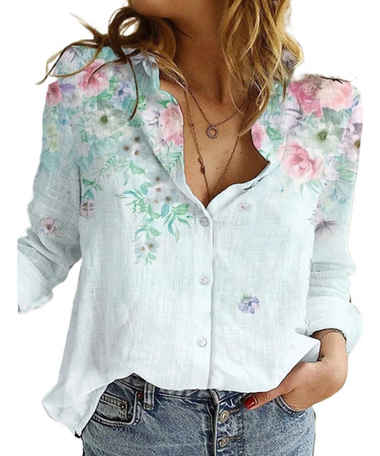 Polera Con Solapa De Lino Con Estampado De Pájaros Florales