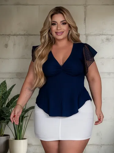 Blusa Plus Size Camiseta Canelada Manga Curta Poá Princesa