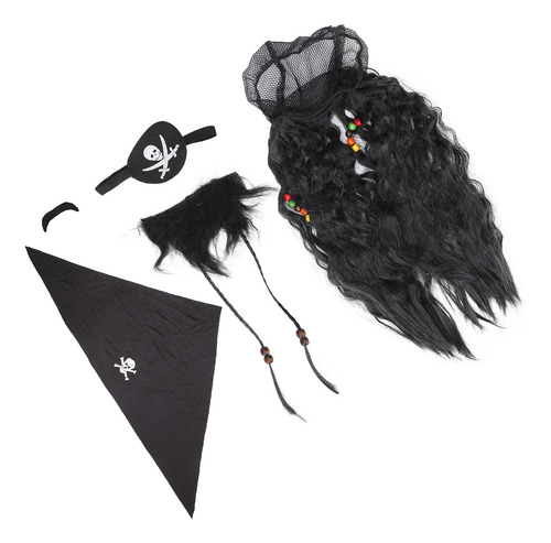 Set De Peluca Con Barba Falsa Y Bigote De Pirata Negro