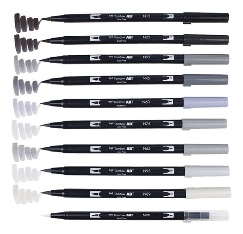 Imagen 2 de 2 de Set Marcadores Tombow Dual Brush Escala De Grises 10 Colores