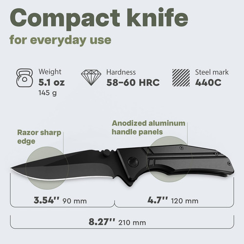 Cuchillo Táctico Para Hombre, Cuchillo De Bolsillo Negro De