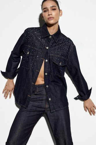 Campera De Jean Oscuro Con Brillos De Mujer Tendencia