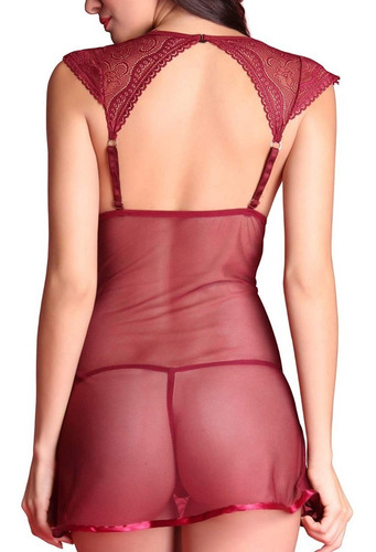 Lenceria Sexy Baby Doll Vestido Mesh Y Encaje Vino Tanga 893