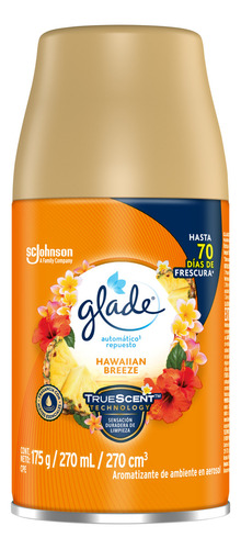 Aromatizante Automático en Aerosol Glade, Frescura Programable para tu Hogar durante Hasta 70 Días, Aroma Hawaiian Breeze, Repuesto de 270 ml