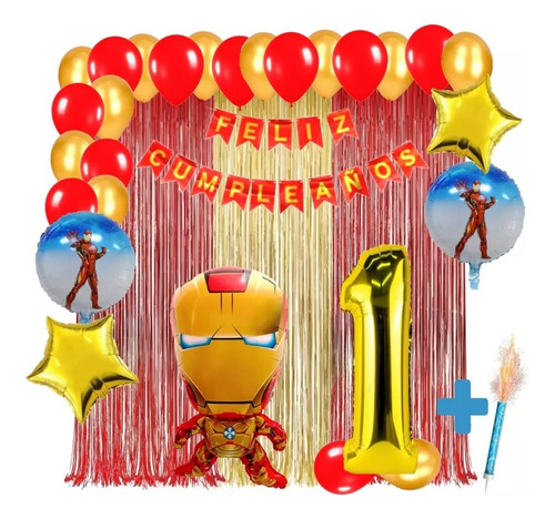 Kit Globos Decoracion Iron Man Cortina Dorado Rojo Numero