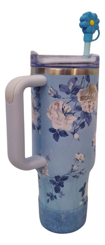 Vaso Térmico 1.2l Con Manija Floreado Celeste Flores