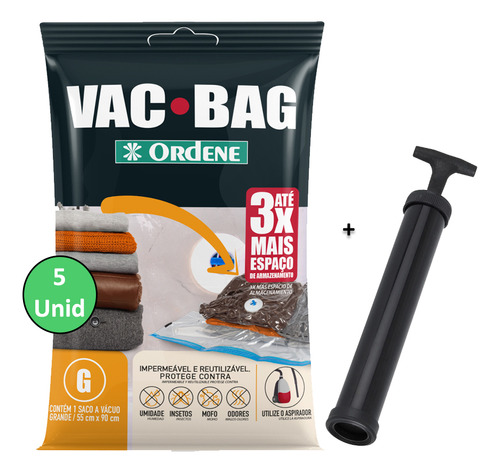 Kit 5 Saco A Vacuo Grande 55x90cm Vac Bag Mala+ Bomba Ordene