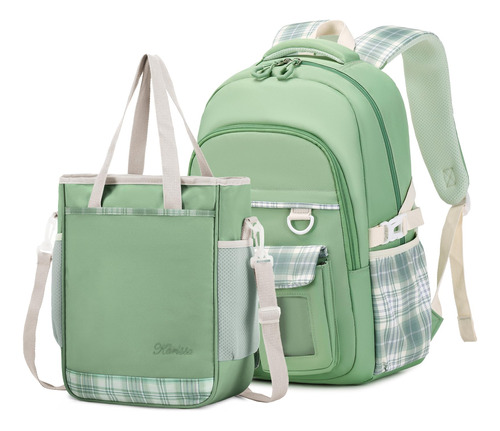 Mochila Escolar Con Bolsillos Funcionales + Bolso - Verde