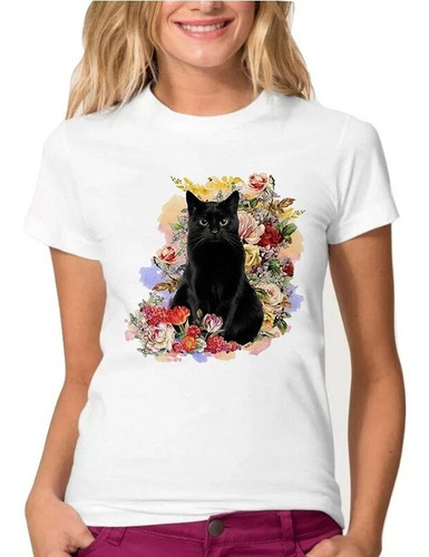 Polera Gato Cat Negro Con Flores Moda Mujer Calidad