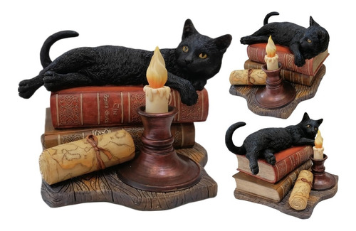 Escultura Gato Negro Con Libros De Brujería Lisa Parker 