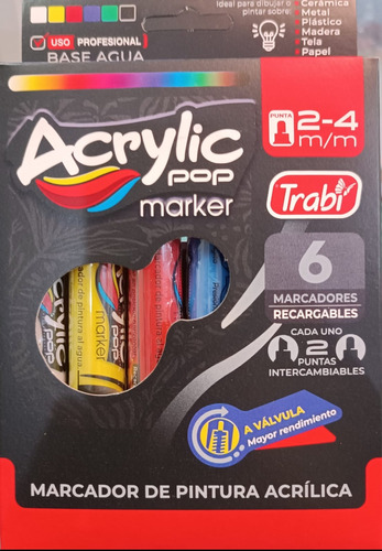 Marcadores Acrilico Trabi Acrylic Pop X6 4m Colores Clasicos