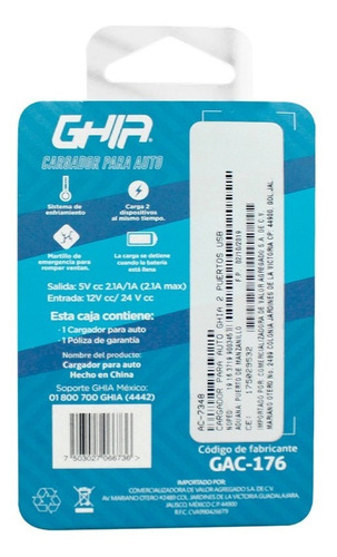 Cargador Para Auto Ghia 2 Puertos Usb