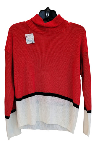 Sweater Polera Ancho Franja Tejido Acrilico Rojo Negro